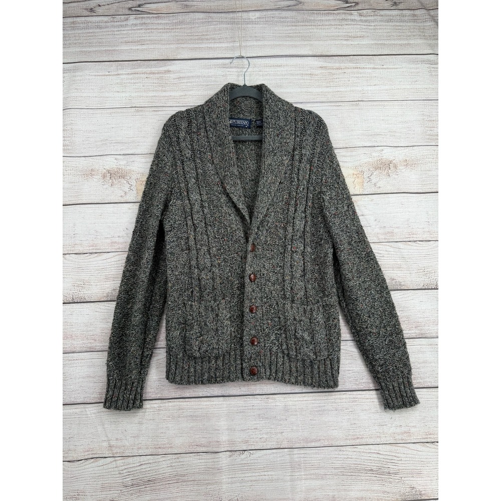 Puritan Cardigan Sweater Mens Medium Grey Cable Knit Shawl Collar Confetti Fleck
